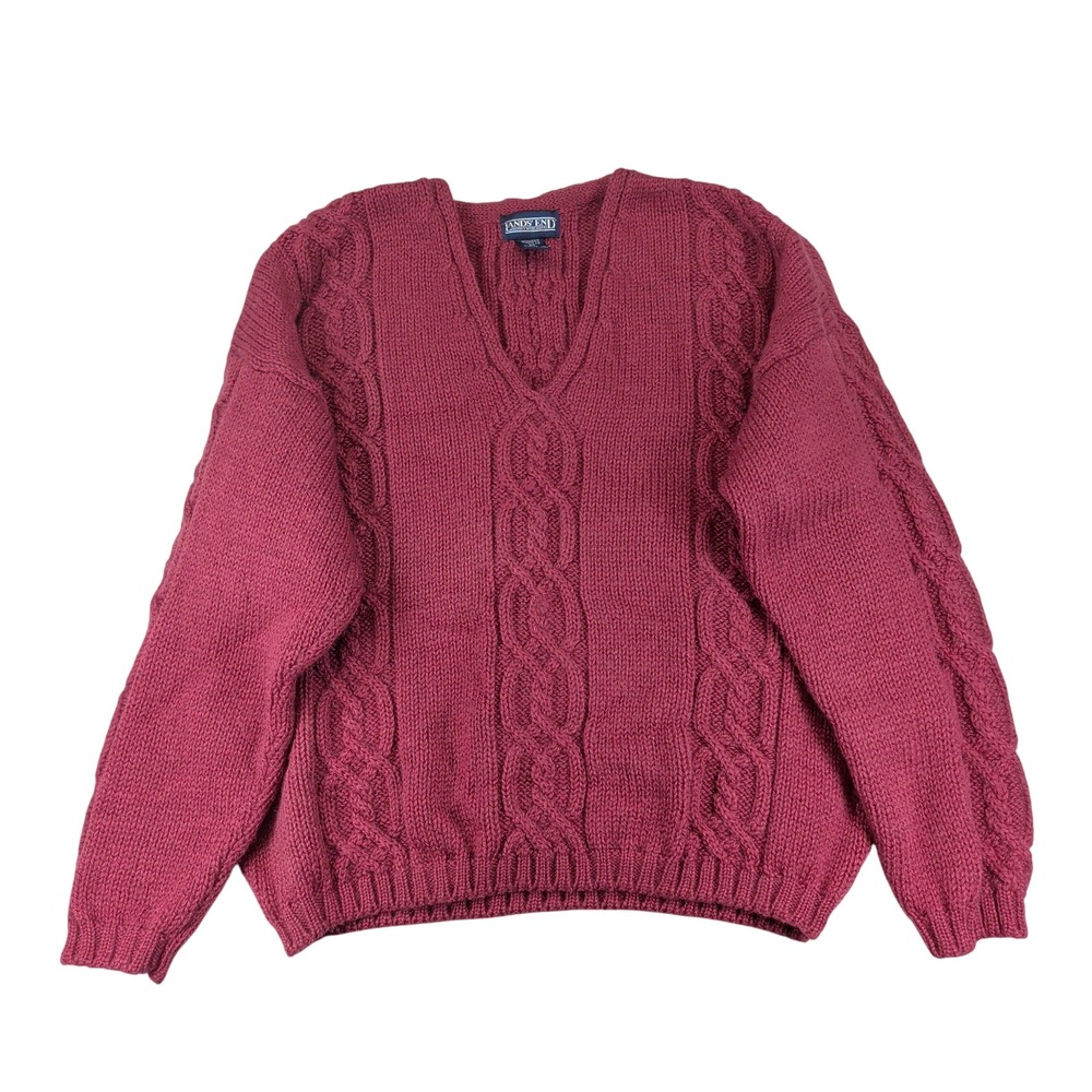 Lands End Womens Burgundy 100% Wool Cable Knit V-Neck Sweater Made in England M